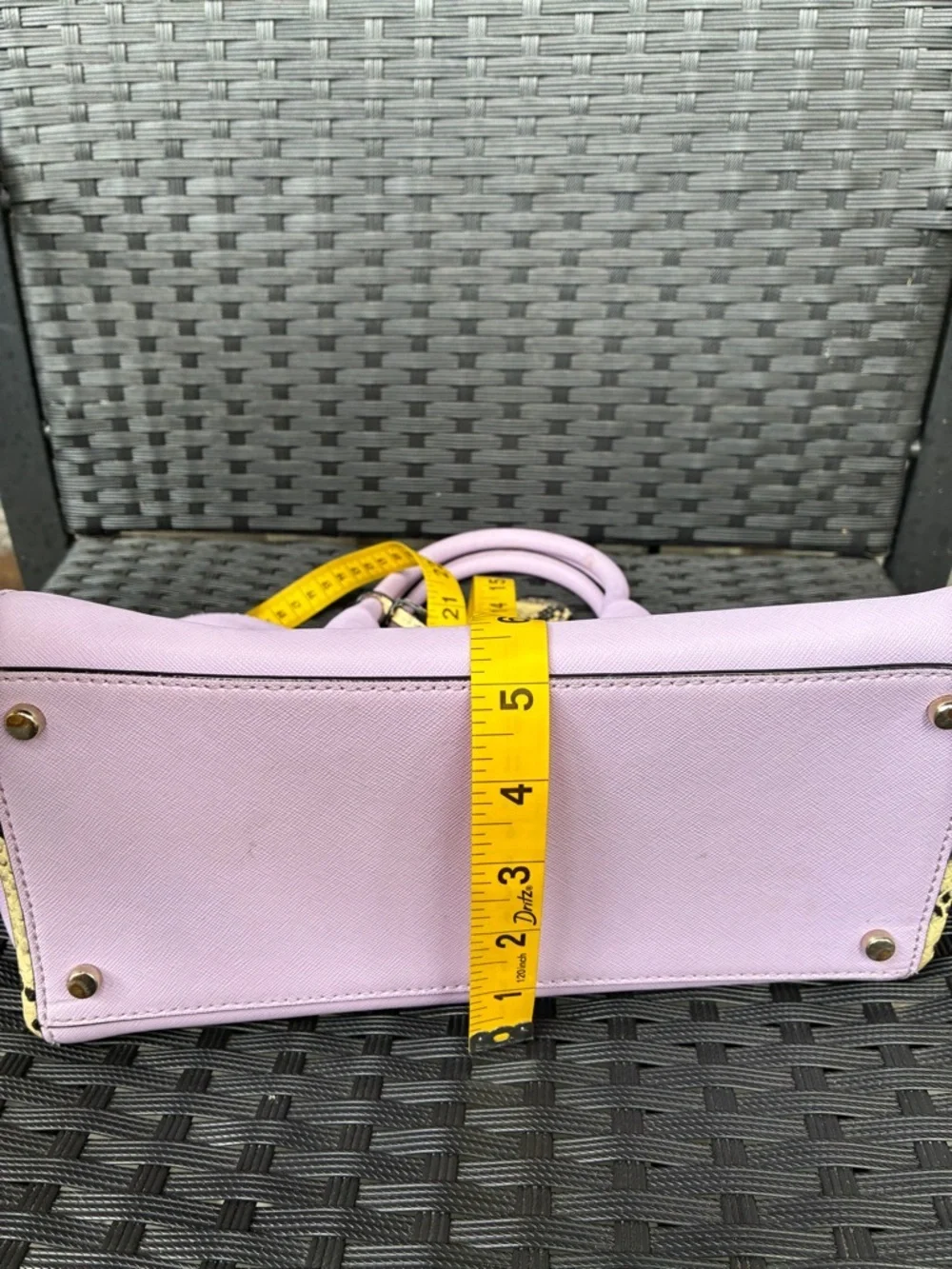 kate spade lilac satchel with yellow snake-print trim